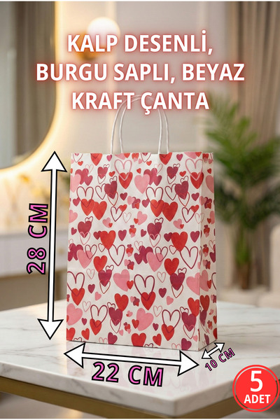 Pusula Marketim Kalp Desenli Burgu Saplı Beyaz Kraft Çanta - Hediyelik Poşet
