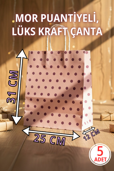 Pusula Marketim Burgu Saplı Mor Puantiyeli Kraft Çanta - Hediyelik Poşet