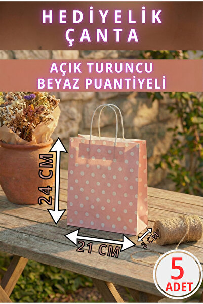 Pusula Marketim حقيبة هدايا برتقالية منقطة باللون الأبيض مع مقبض حلزوني - حقي...