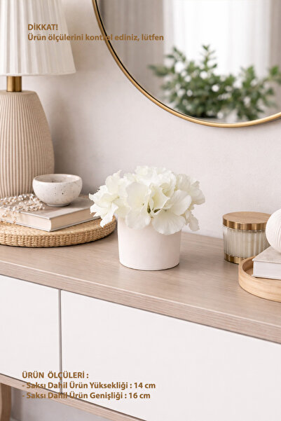 adresiburasi Beton Saksıda Yapay Ortanca Masa Çiçeği Ekru