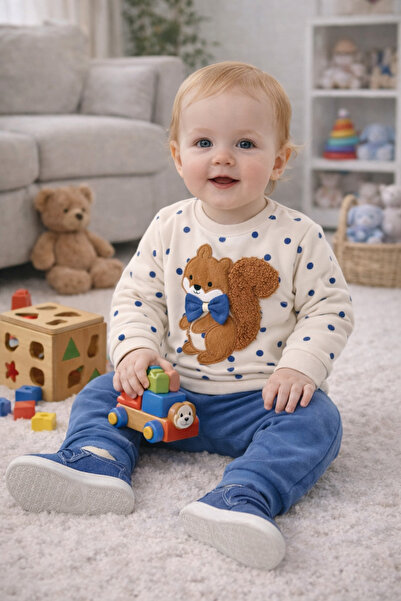 Melisa Ticaret Baby Boy Set Blue Squirrel Embossed Polka Dot Bow Detailed 2-P...