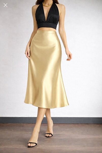 Kahra Collection Koyu Krem Midi Boy Şık Saten Etek