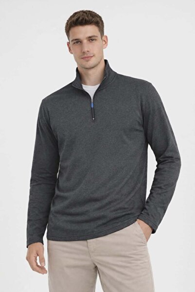 Defduu Store Erkek Gri Baharlık Likralı Yarım Fermuarlı Sweatshirt Rahat Fit Günlük Spor