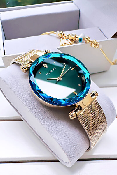 Homies Kadın Kol Saati Kesme Cam Su Geçirmez Gold-yeşil Renk Çelik Kordon Bil...