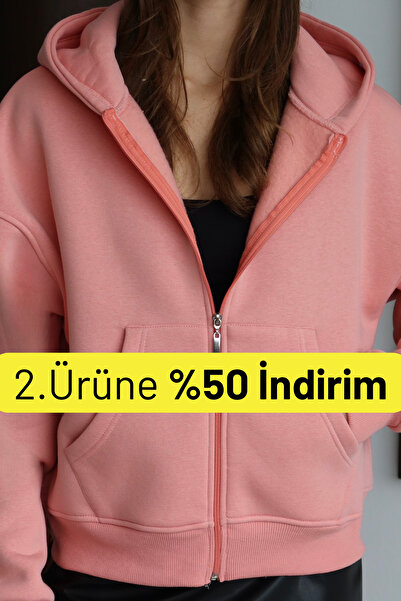 Balenbi Women's 3 Thread Fleece Lined Hooded Oversize Sweat Cardigan 1110