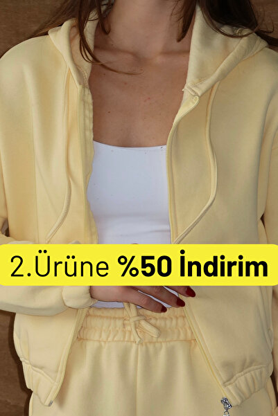 Balenbi Kadın 3 İplik İçi Polarlı Kapüşonlu Fermuarlı Kısa Hırka 1111