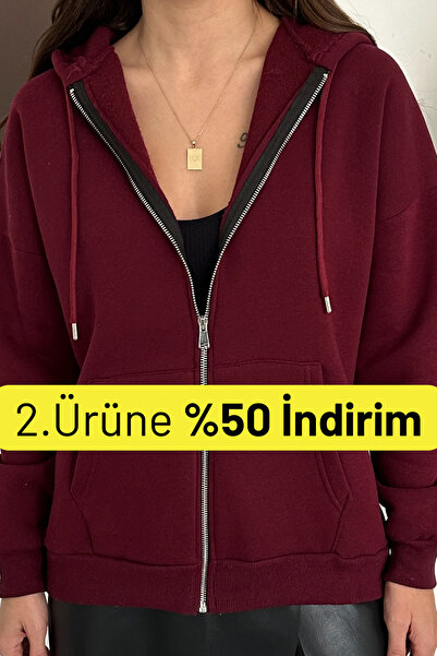 Balenbi Women's 3 Thread Fleece Lined Hooded Oversize Sweat Cardigan 1110