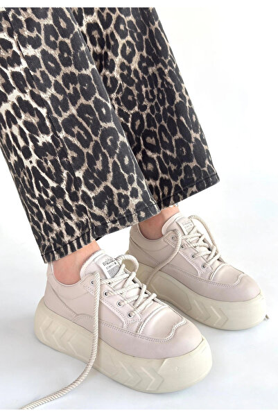 ARMÜZ Emwa Beige Leather Lace-Up Sneakers