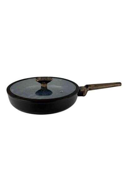 Generic Non-Stick Frying Pan with Glass Lid and Elegant Wooden Handle 28 cm