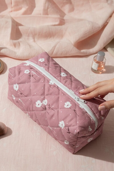 Bestway ve Diğeri Large Quilted Makeup Bag – Floral Pattern, Zippered, Multi-...