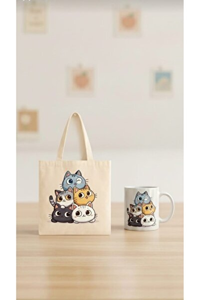 Toyaso 5’li Sevimli Kedi Bez Çanta ve Kupa Bardak Hediye Seti