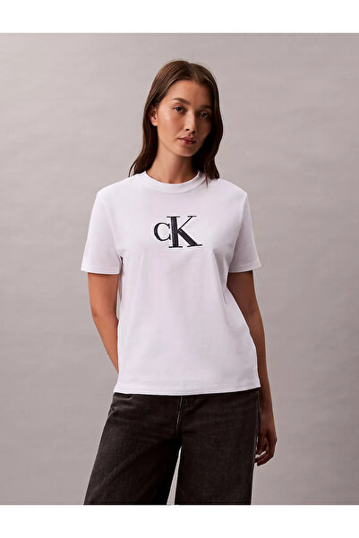 Calvin Klein Women's Short Sleeve Ck Lettering Detail Crew Neck White T-Shirt...