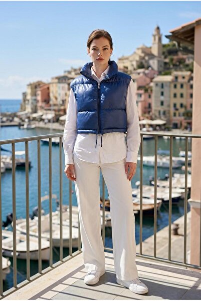 FEG STORE Women's Navy Blue Crop Puffer Vest with Stand Collar and Adjustable...