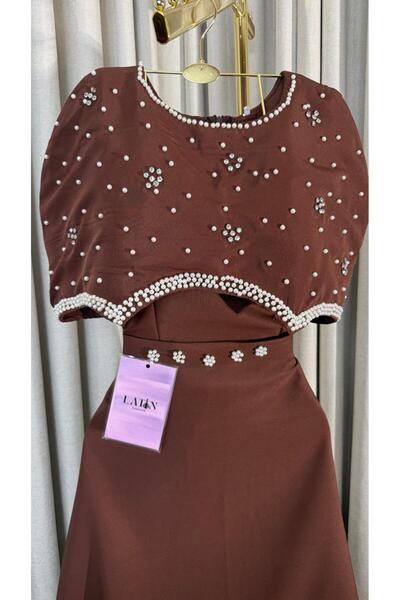 Latin2024 Chocolate brown midi evening dress embroidered with pearls and feat...