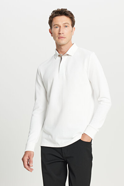 ALTINYILDIZ CLASSICS Men's Ecru 100% Cotton Slim Fit Polo Collar Long Sleeve ...
