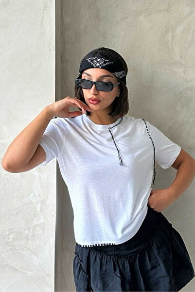 Caddebostan Moda Women's Shepherd Stitching Detailed Crew Neck Cotton Oversiz...