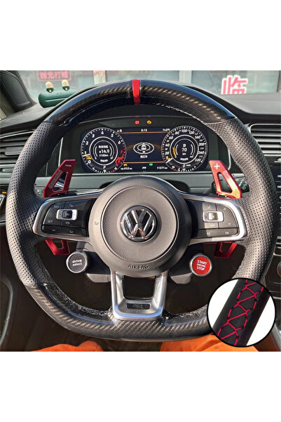 Choice غطاء عجلة قيادة السيارة من الجلد وألياف الكربون بخيوط حمراء لسيارة فول...