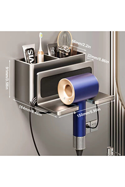 Choice منظم حائط رمادي للحمام لحامل مجفف الشعر دايسون بدون حفر، حامل مجفف الش...
