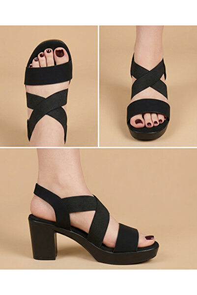 NO BRAND Black high-heeled sandals with comfortable elastic straps