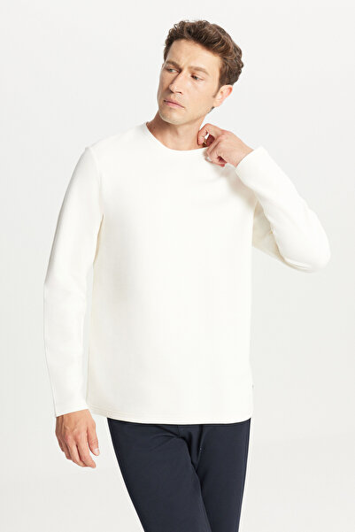 ALTINYILDIZ CLASSICS Men's Ecru Cotton Slim Fit Crew Neck Ottoman Patterned S...