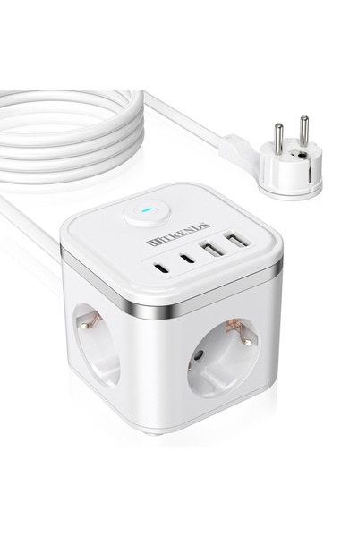 Choice موزع طاقة مكعب الشكل، مزود بثلاثة منافذ تيار متردد ومنفذي USB ومنفذي ش...