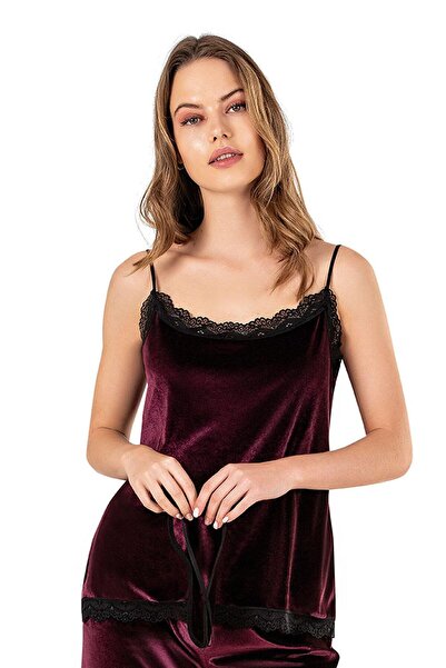 OBJE Kadın Vişne Kadife İp Askılı Üst