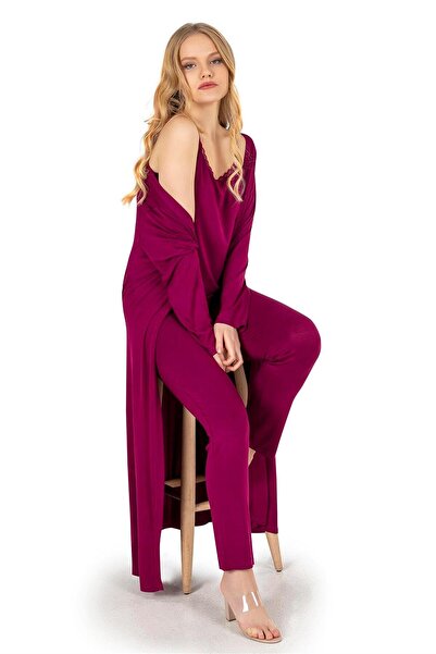 OBJE Kadın Vişne Uzun Kol Viskon Uzun Sabahlık