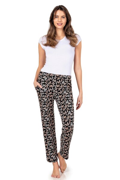 OBJE Women's Black Butterfly Viscose Long Bottoms