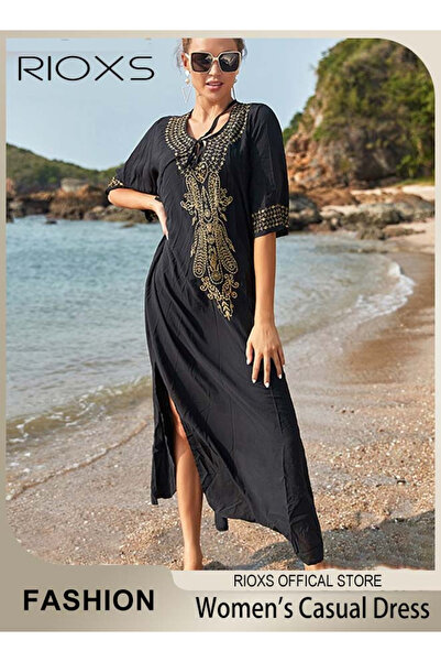 RIOXS فستان قفطان شاطئي كاجوال نسائي مع فستان ماكسي تونيك بتصميم مطرز، مريح و...
