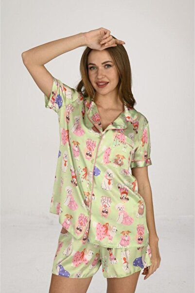 OBJE Women's Green Dog Print Short Sleeve Top