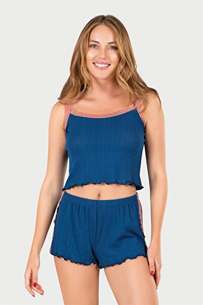 OBJE Women's Navy Blue Jacquard Lace Mini Shorts