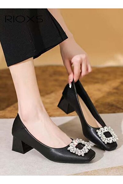 RIOXS Women's Low Heel Court Shoes, Squared Closed Toe Loafers, Shiny Rhinest...