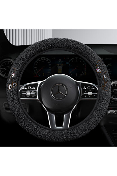 Choice غطاء عجلة قيادة السيارة من صوف تيدي الأسود الشتوي بدون حلقة داخلية، غط...