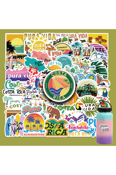 Choice ٥٠ قطعة من ملصقات "بورا فيدا" السياحية لمدينة كوستاريكا، مناسبة لزجاجا...