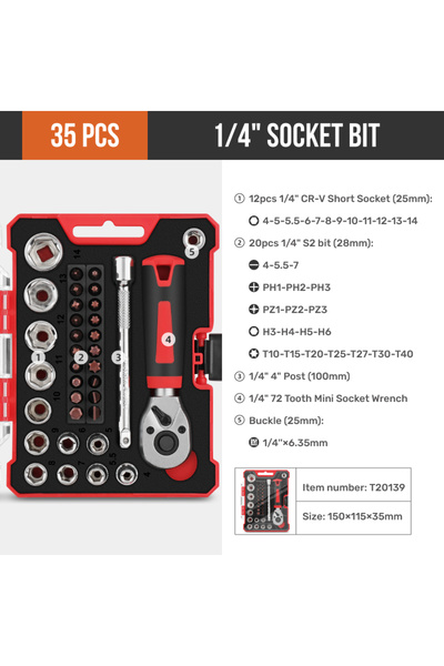 Choice 35Pcs 35pcs Apollo 35Pcs 1/4" Mini Ratchet Wrench Socket Set w/ Hex Bi...