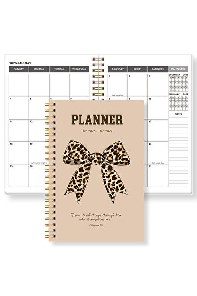 Choice Apricot 2026-2027 A5 Monthly Planner Leopard Bow Cover Stylish Spiral ...