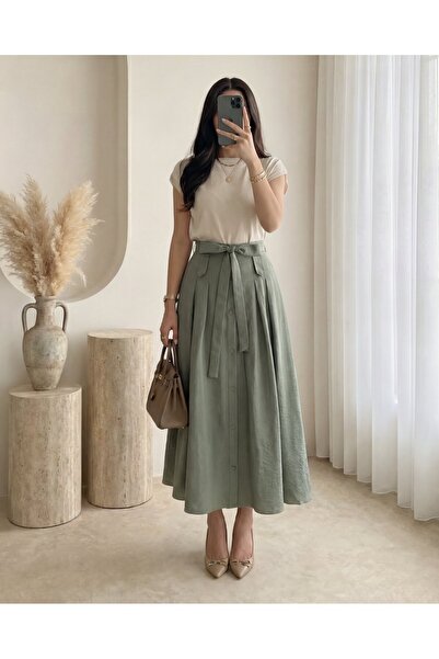 MissRunin Önü Düğmeli Bağcıklı Paraşüt Etek