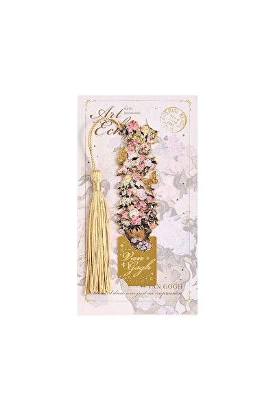 Choice فاصل كتاب معدني مزين بلوحة زيتية على الطراز القديم لزهرة وردية، وشرابة...