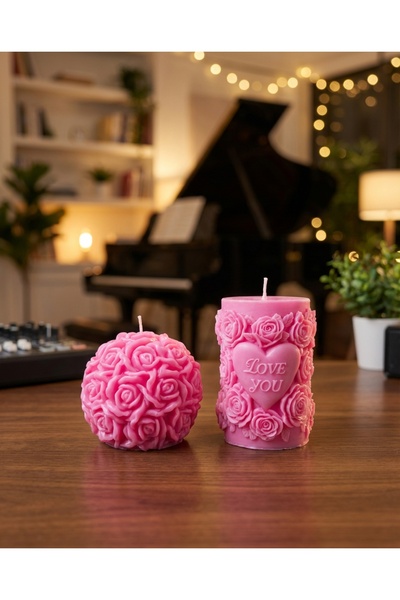Raw Home Pembe Çilek Kokulu Gül Küresi ve I love you 2’li Mum Seti - %100 Soy...