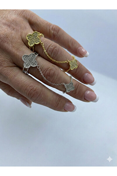 Byoz store خاتم مزدوج بسلسلة على شكل أوراق شجر بأربع أوراق مرصعة بحجر الزركون...
