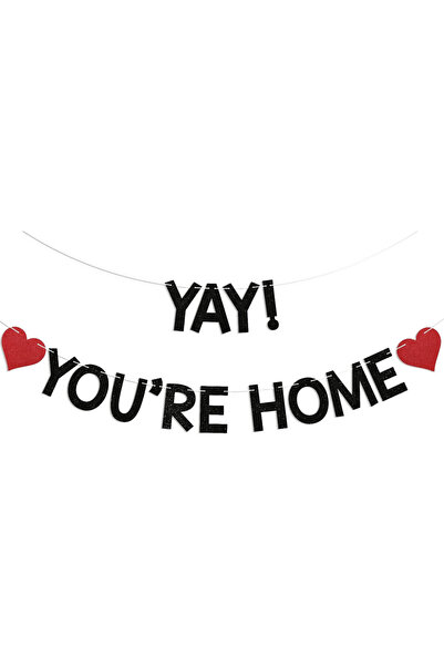 Choice لافتة سوداء مكتوب عليها "ياي! لقد عدت إلى المنزل!" - لافتة ترحيب بالعو...