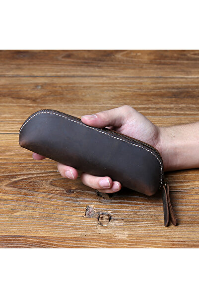 Choice Dark brown Retro Genuine Leather Pen Bag, Crazy Horse Leather Pen Box,...