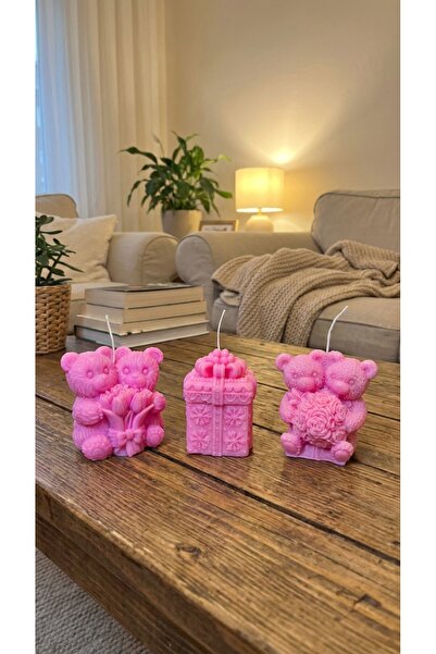 Raw Home Pembe Çilek Kokulu 3’lü Mum Seti %100 Soya Wax– Çift Ayıcık & Hediye...