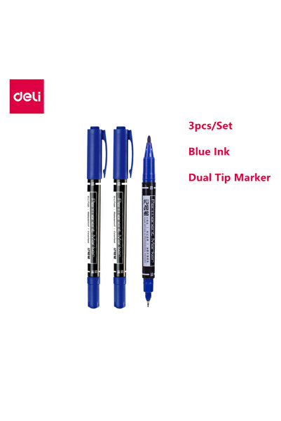 Deli 3Pcs Blue Dual Tip Marker Liner Pen 3Pcs/Set Waterproof Permanent Marker...