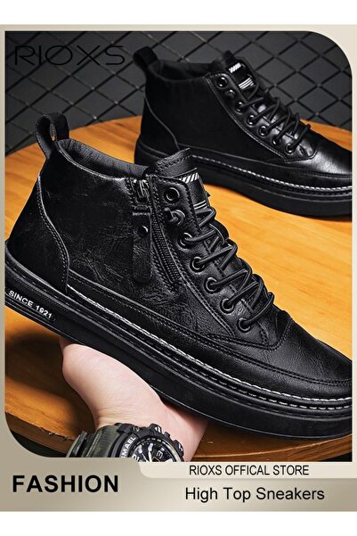 RIOXS Men's Casual Leather Boots,Fashion High Top Sneaker,Lightweight Lace Up...