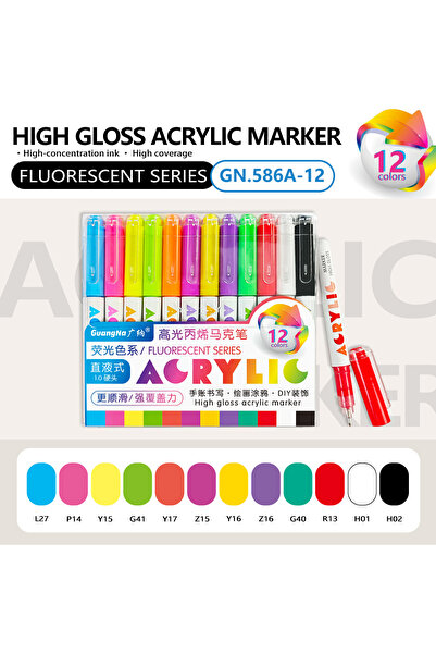 Choice أقلام طلاء أكريليك GN-586-A، 12 لونًا، برؤوس فرشاة، مناسبة للرسم على ا...