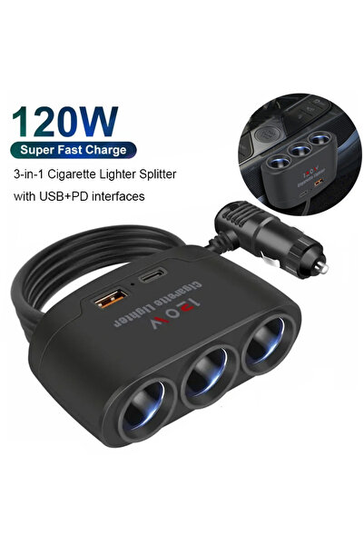 Choice black 3-In-1 Dual Usb 120W Car Cigarette Lighter Splitter 12V 24V Fast...
