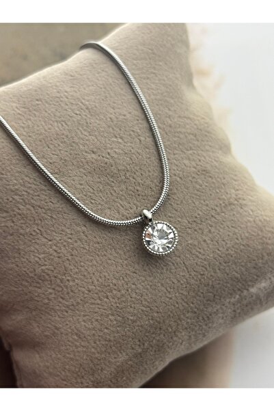 roshel Tarnish Resistant Steel Oval White Stone Pendant Silver Color Unisex N...