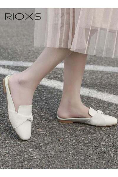 RIOXS Women's Flat Mules, Simple Fashion Cross Line Mules Shoes, Low Heel Sli...