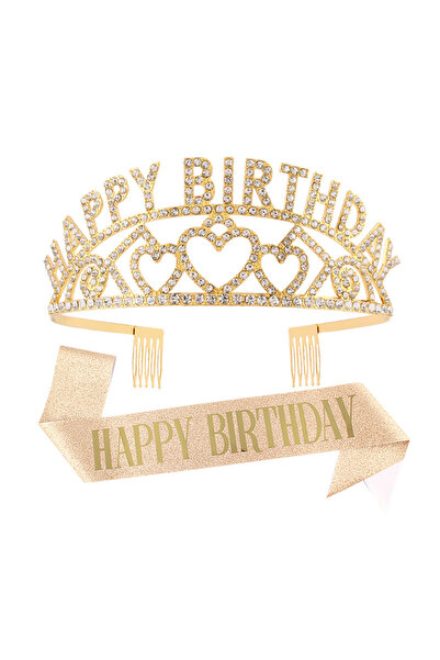 Choice 01 Happy Birthday Tiara and Sash Rose Gold Glitter Satin Sash and Head...